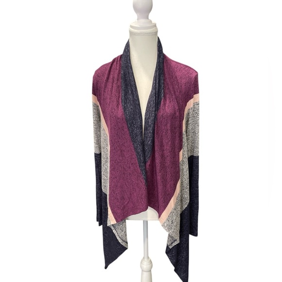 Bobeau Colorblock Cardigan Sweater Asymmetrical Hem Navy Gray Pink - Picture 1 of 5